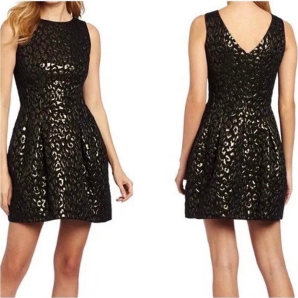 Cynthia Steffe animal print black & gold sleeveless mini dress women's size 8